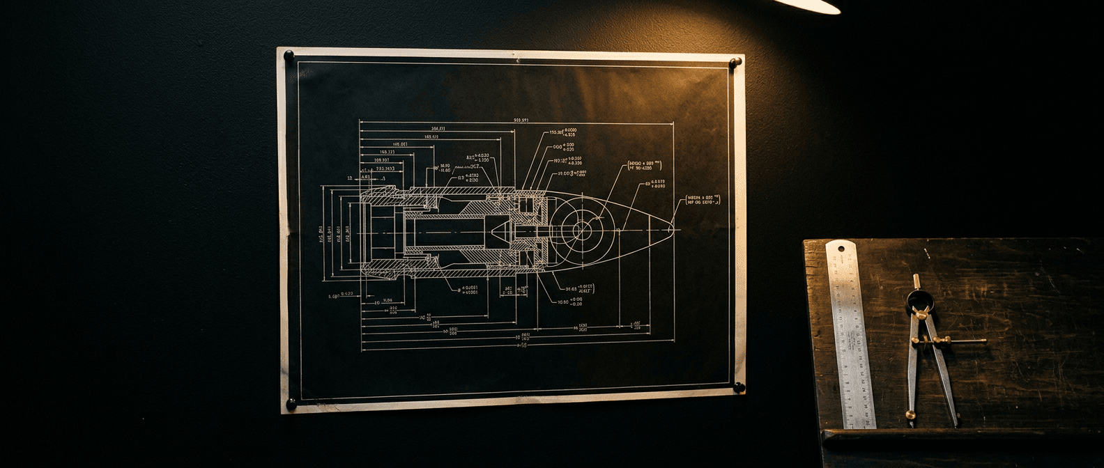 Engineering blueprint of a defense component beside precision drafting tools
